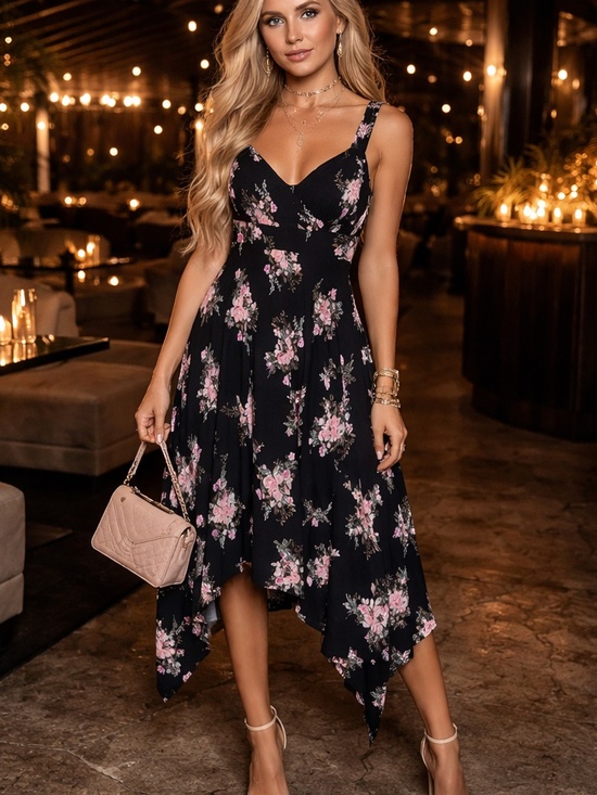 American Rag Dresses & Skirts - American Rag Handkerchief Dress Womens Small Floral Black Smocked Cottagecore